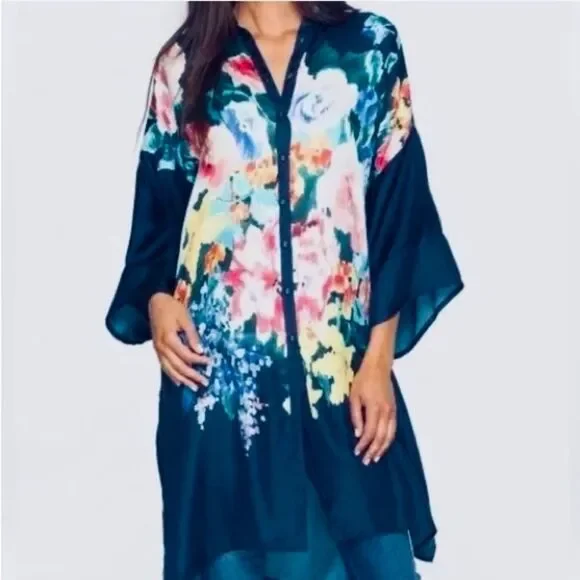 SOLD Johnny Was Malani 100% Silk Floral Print Long Kimono Tunic Navy Blue Size M - Picture 2 of 16